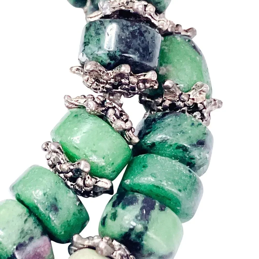 Genuine Ruby in Zoisite Green Gemstone Bead Necklace Silver Tone Artisan Choker